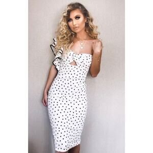 Boohoo Polka Dot One Shoulder Midi Dress Size 12 NWT Black White Ruffle Cutout